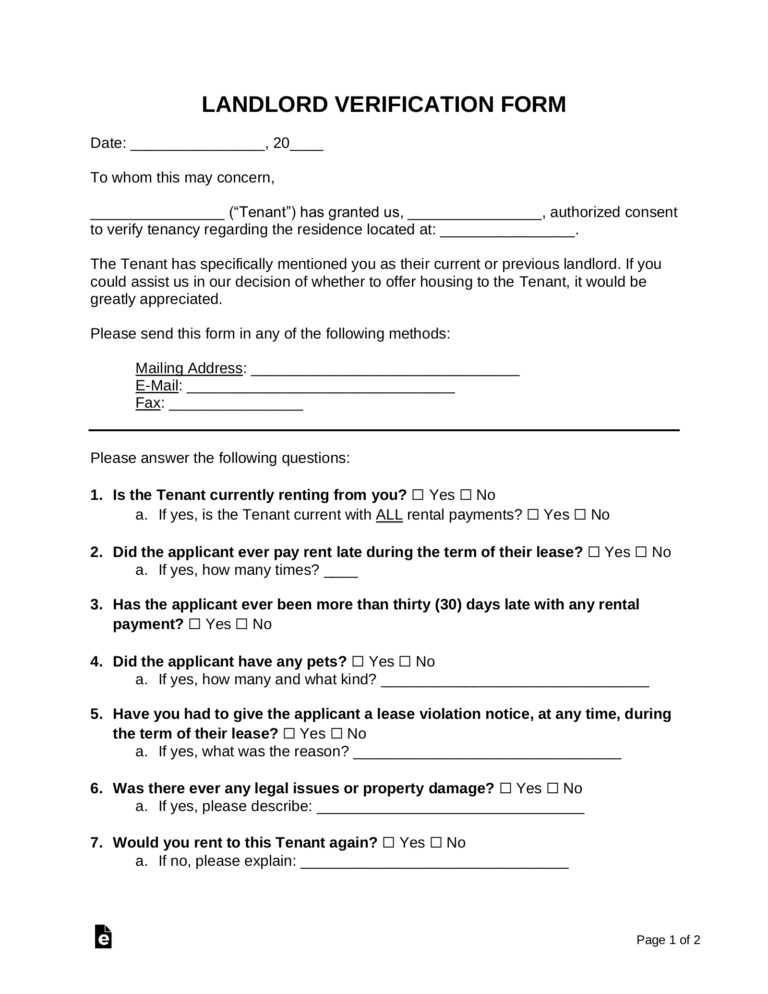 Free Rent Landlord Verification Form PDF Word EForms