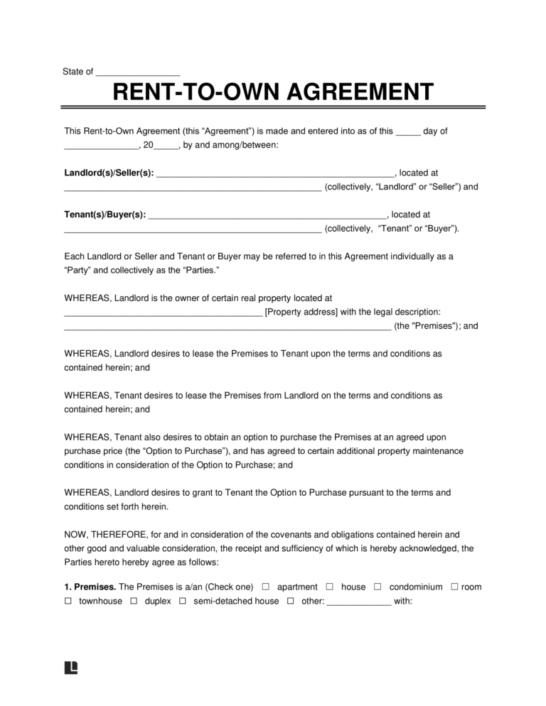 Free Rent to Own Agreement Template PDF Word