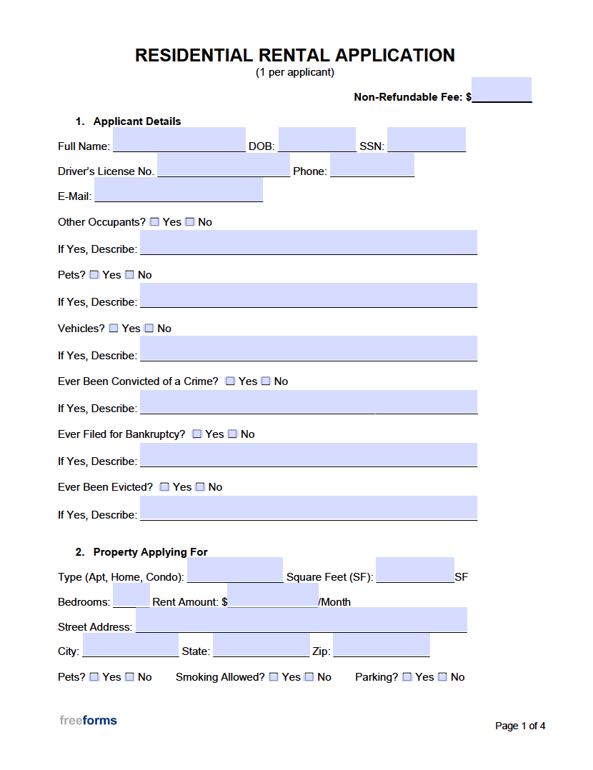 Free Residential Rental Application Form PDF Word