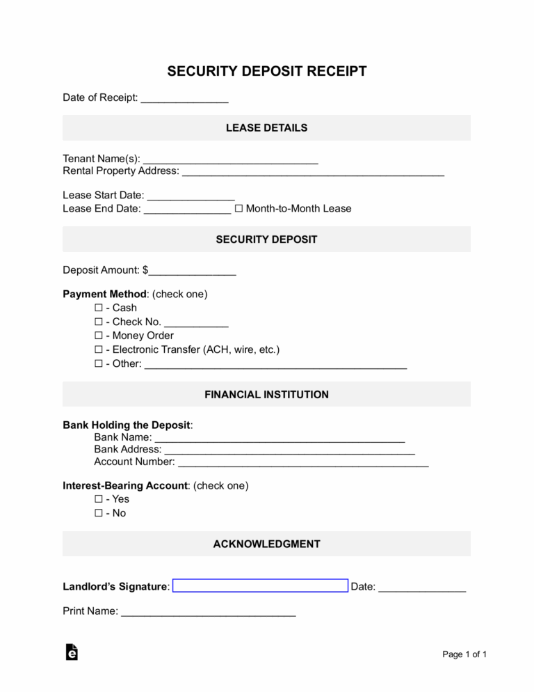 Free Security Deposit Receipt Template PDF Word EForms