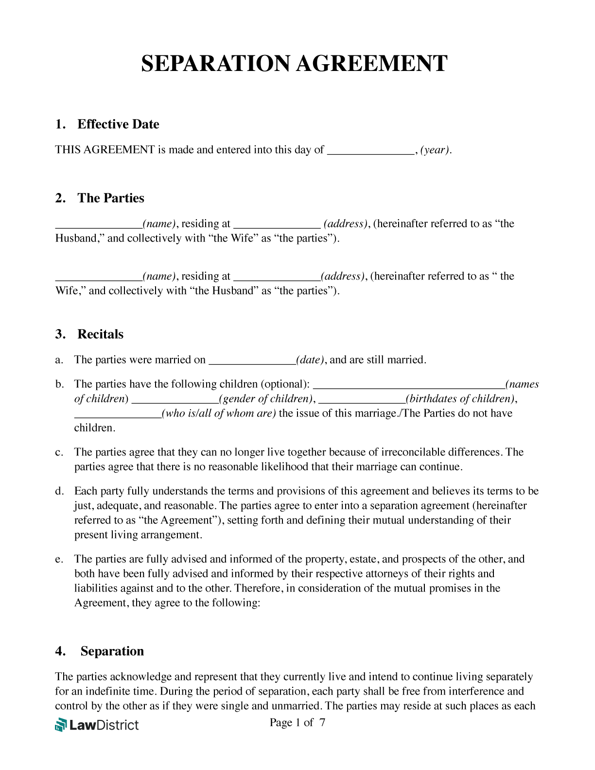 Free Separation Agreement Template Form PDF LawDistrict