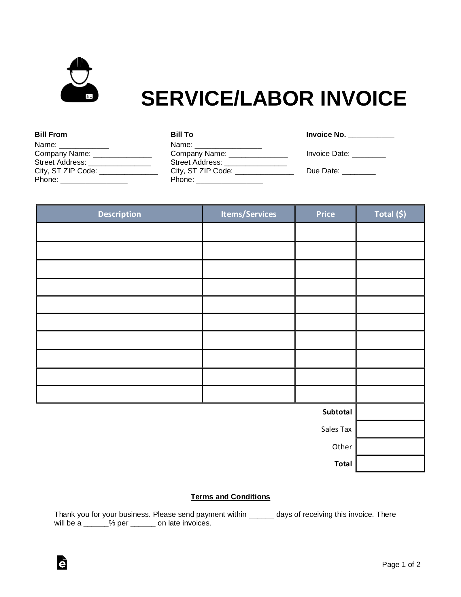 Free Service Labor Invoice Template PDF Word EForms Free Service Labor Invoice Template PDF Word EForms