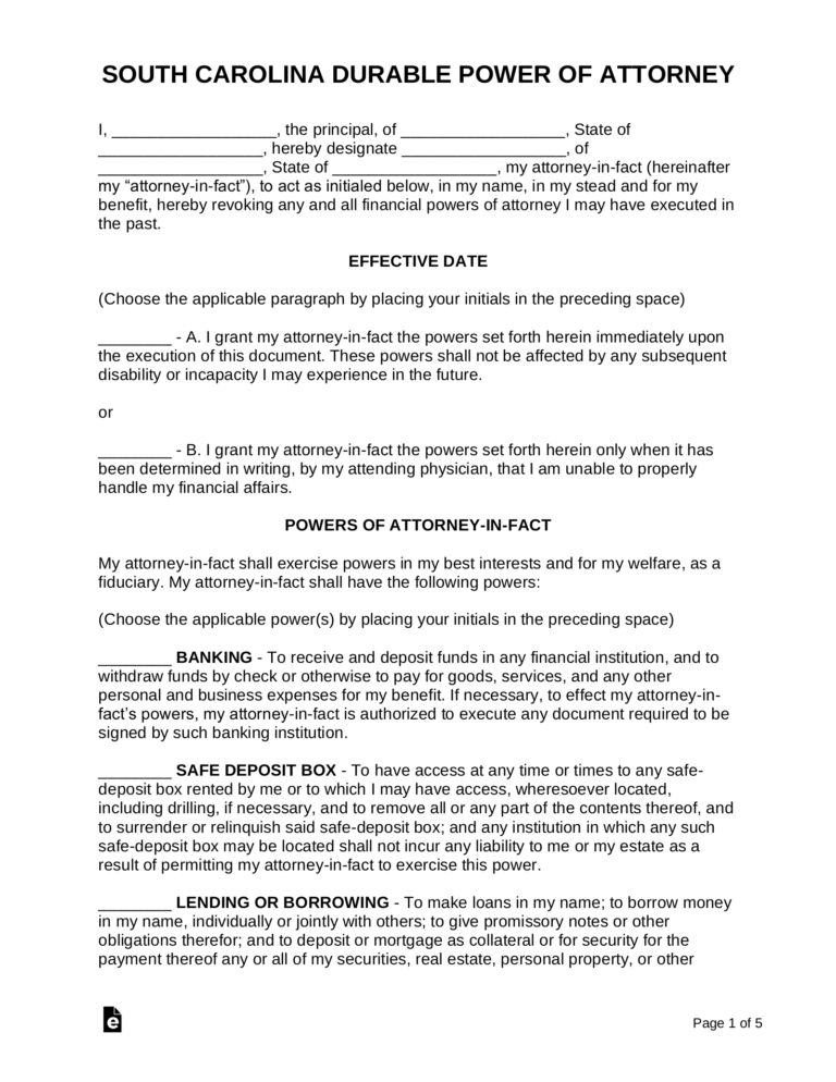 Free South Carolina Durable Power Of Attorney Form PDF Word EForms