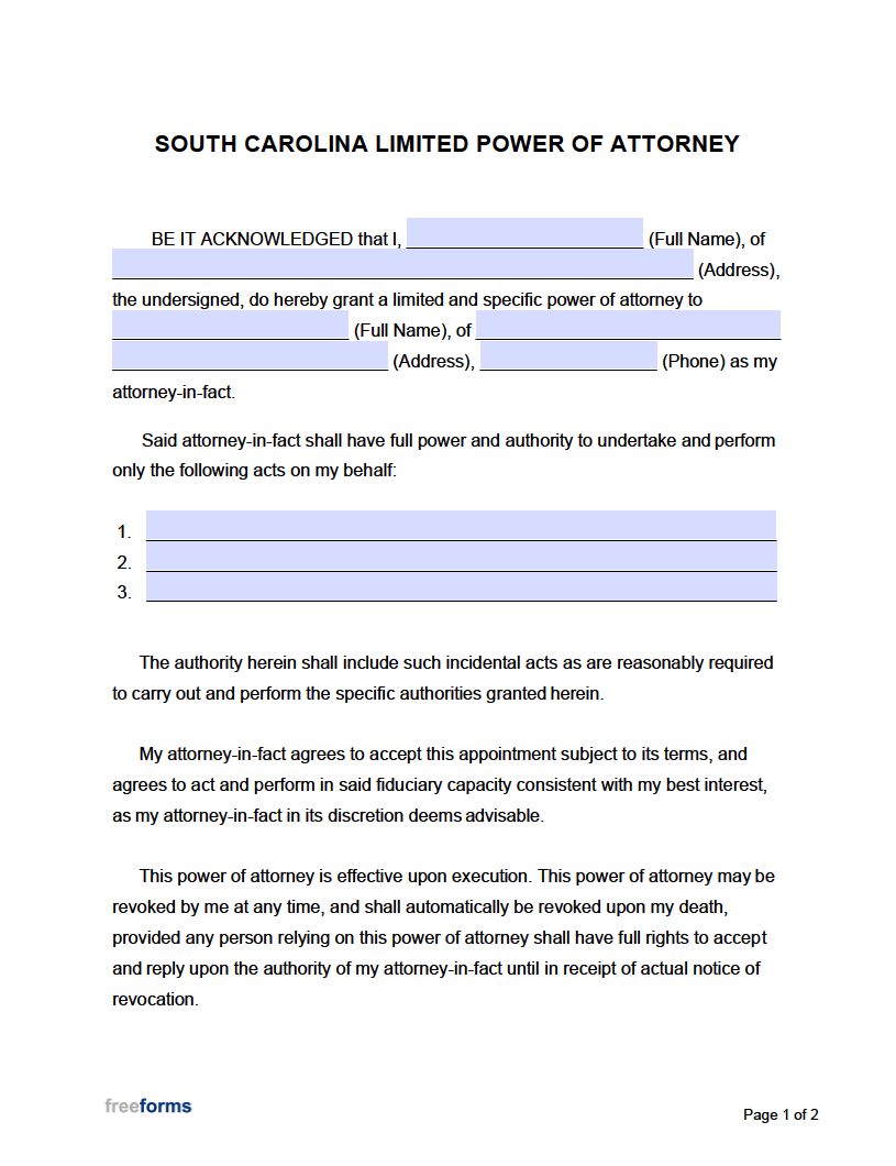 Free South Carolina Limited Special Power Of Attorney Form PDF Word