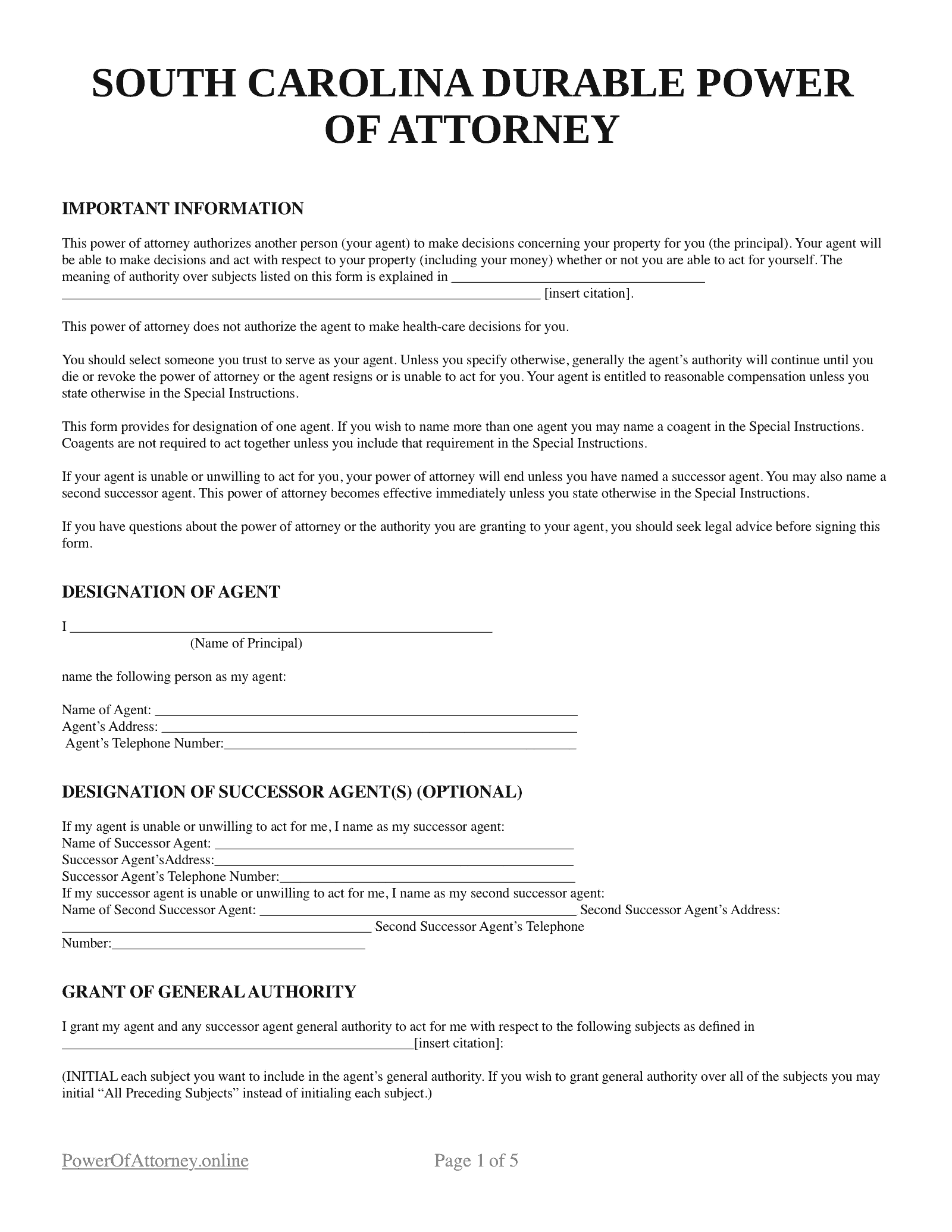 Free South Carolina SC Durable Power Of Attorney Forms Templates PDF