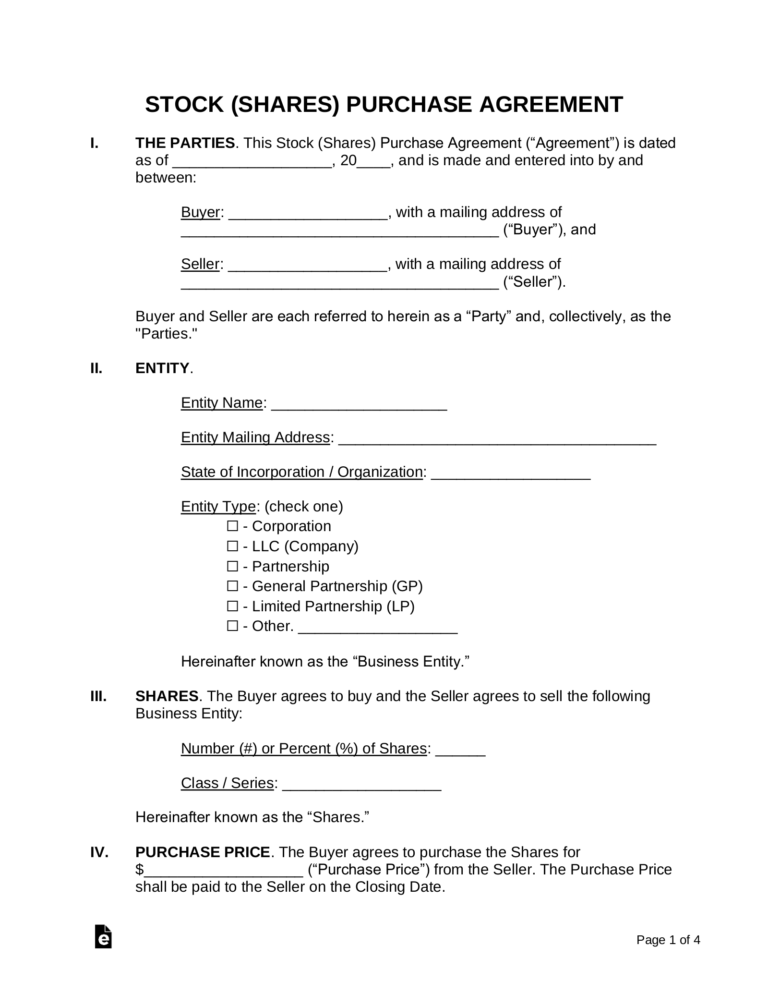 Free Stock Shares Purchase Agreement Template PDF Word EForms