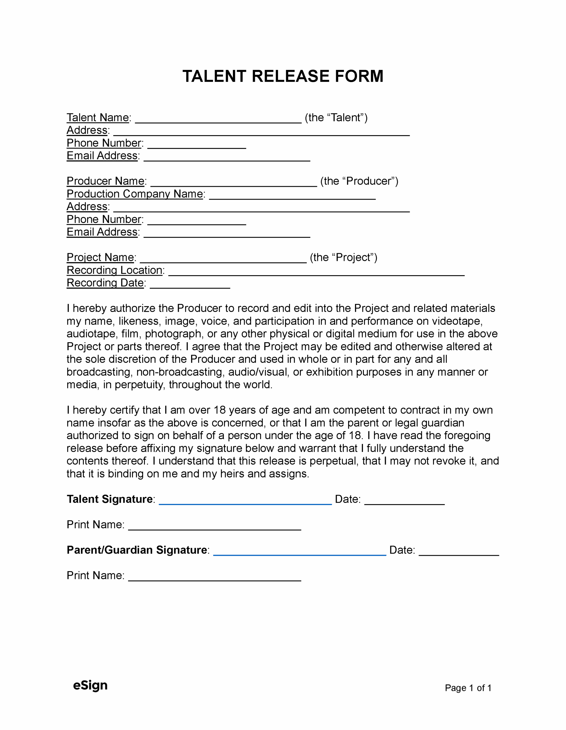 Free Talent Release Form PDF Word
