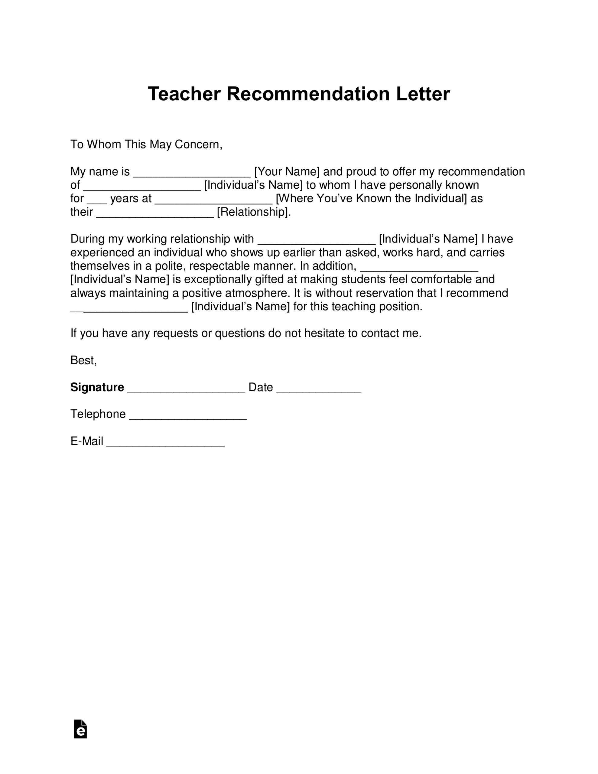 Free Teacher Recommendation Letter Template With Samples PDF Word EForms