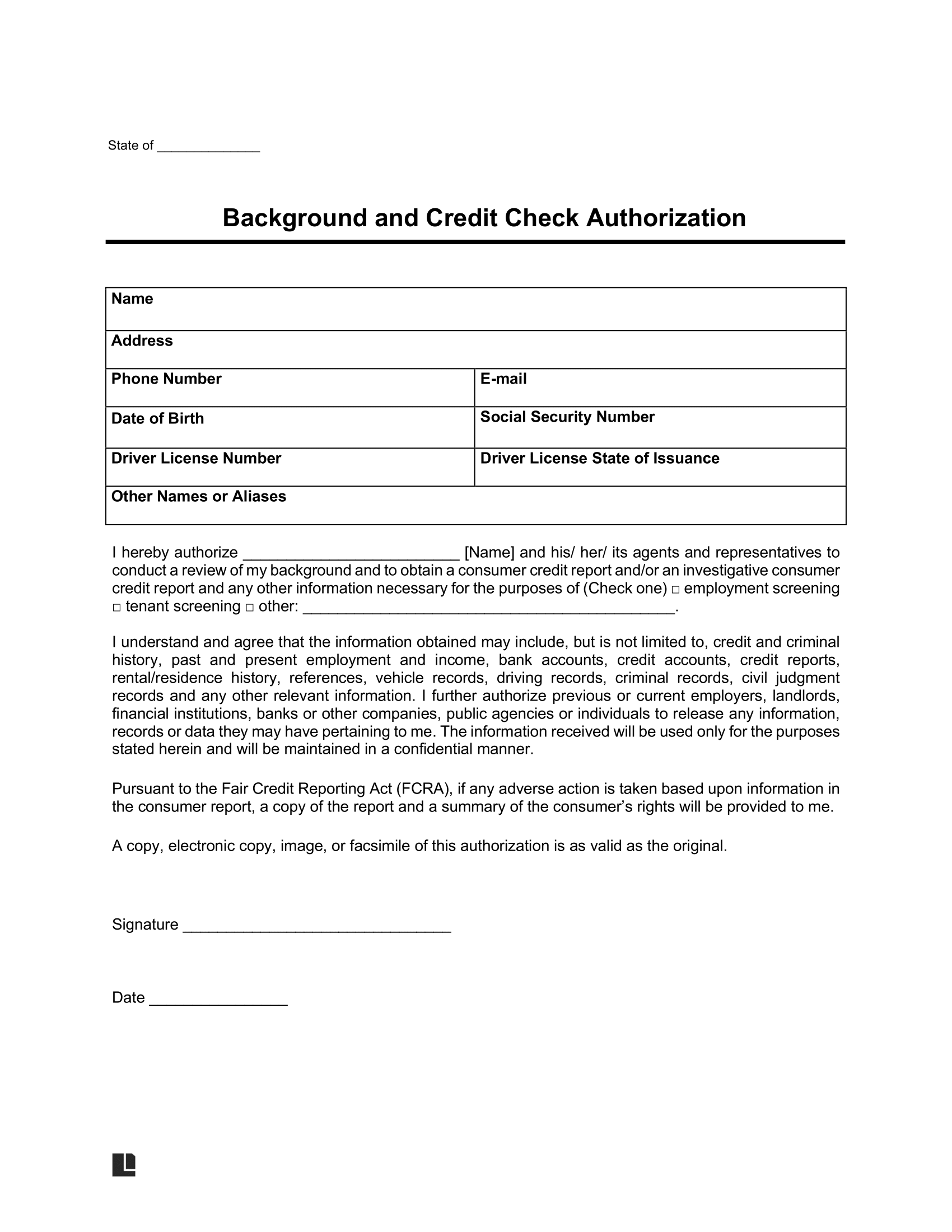 Free Tenant Background Check Authorization Form PDF Word