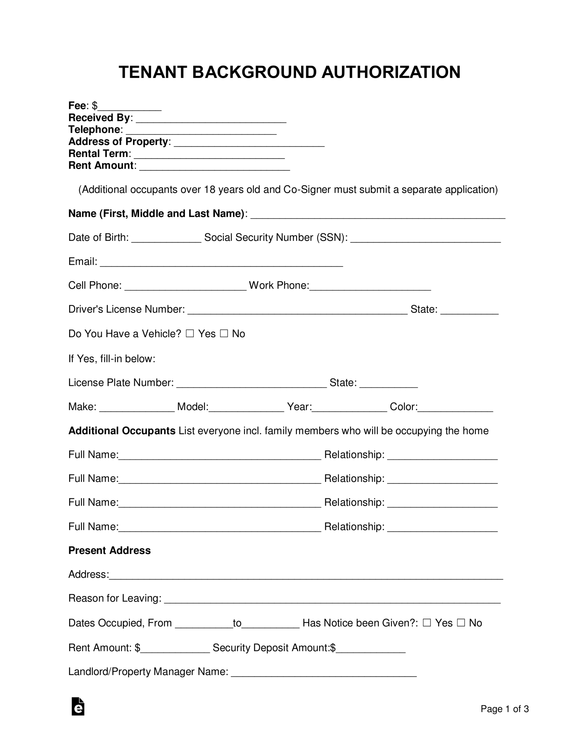 Free Tenant Renter Background Check Form PDF Word EForms