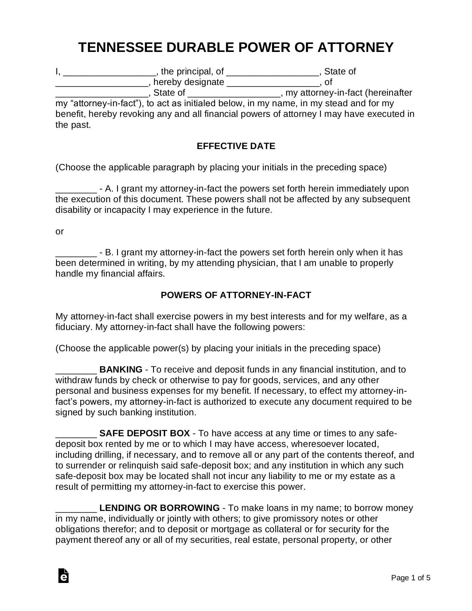 Free Tennessee Durable Financial Power Of Attorney Form PDF Word EForms