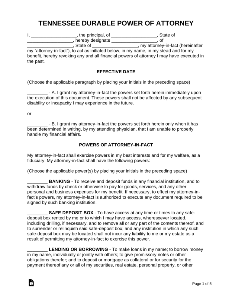 Free Tennessee Durable Financial Power Of Attorney Form PDF Word EForms