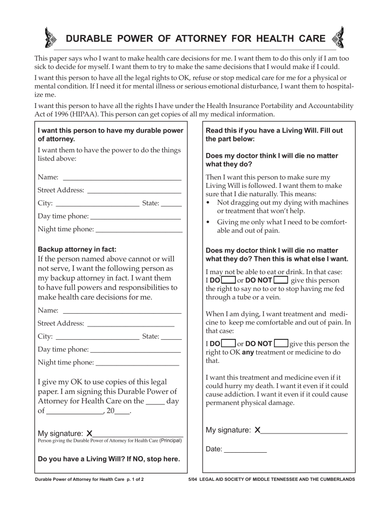 free printable power of attorney form tennessee