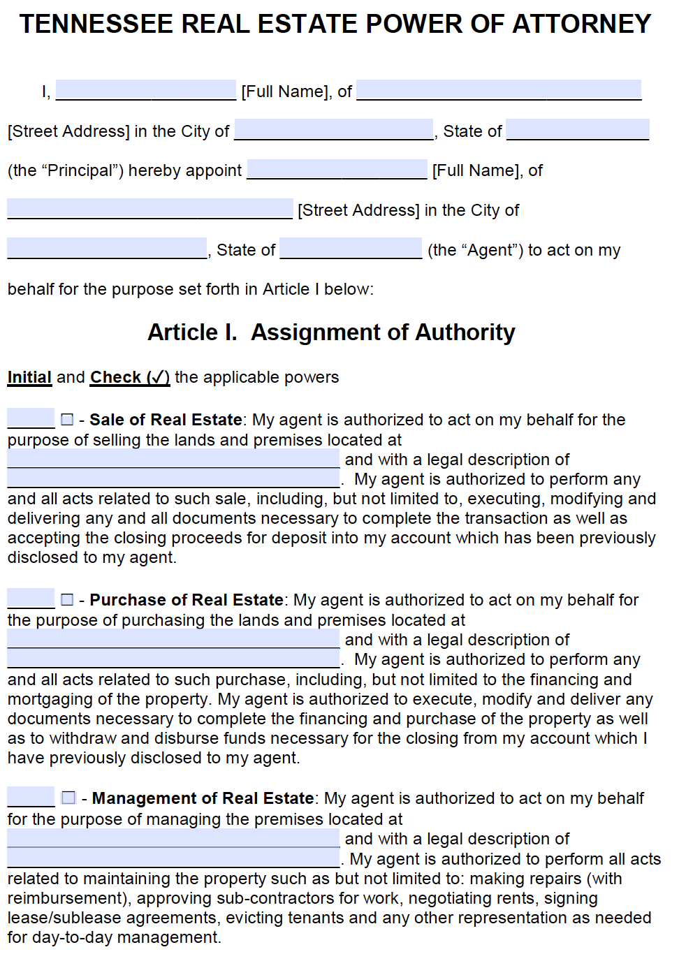 Free Tennessee Power Of Attorney Forms PDF Templates