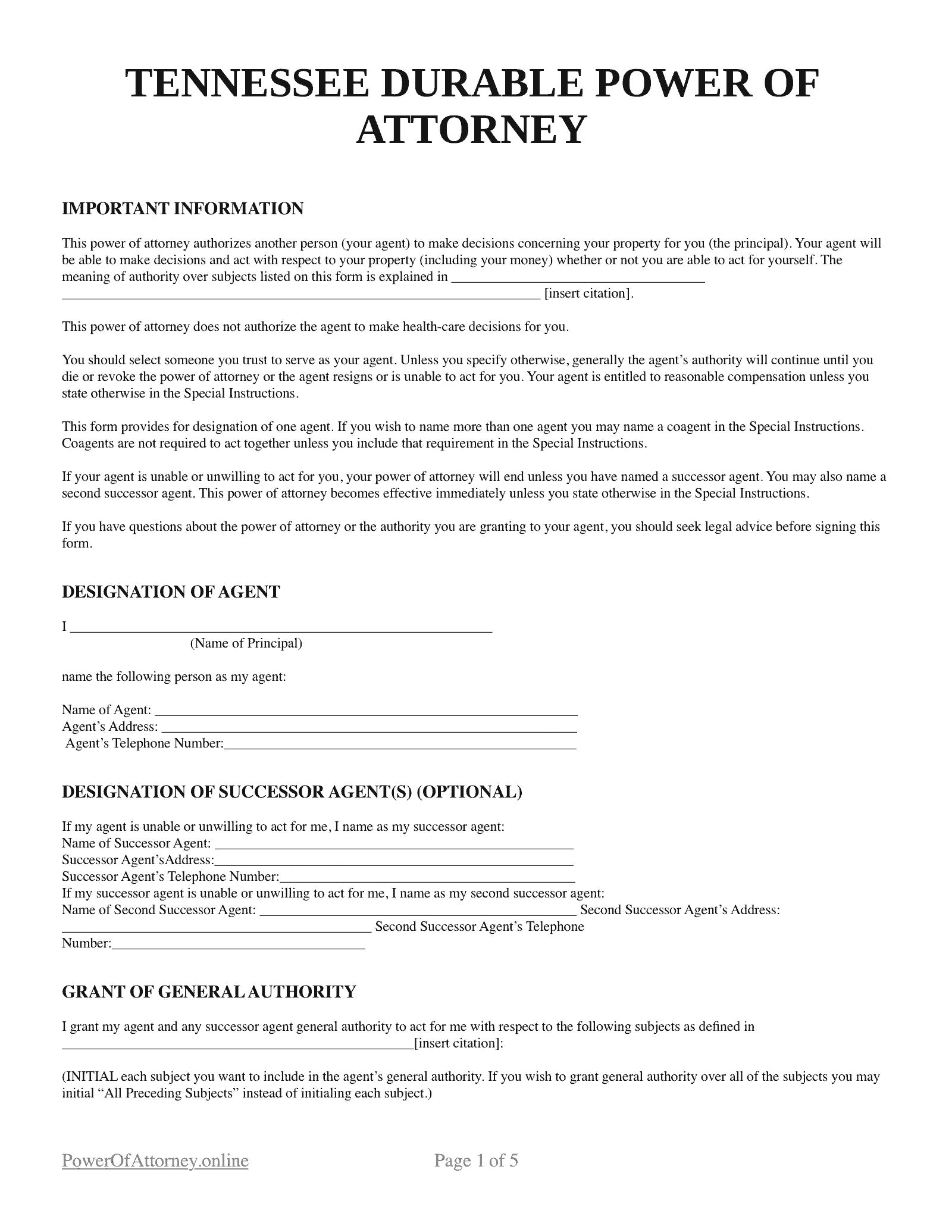Free Tennessee TN Power Of Attorney Forms Templates PDF Free Tennessee TN Power Of Attorney Forms Templates PDF