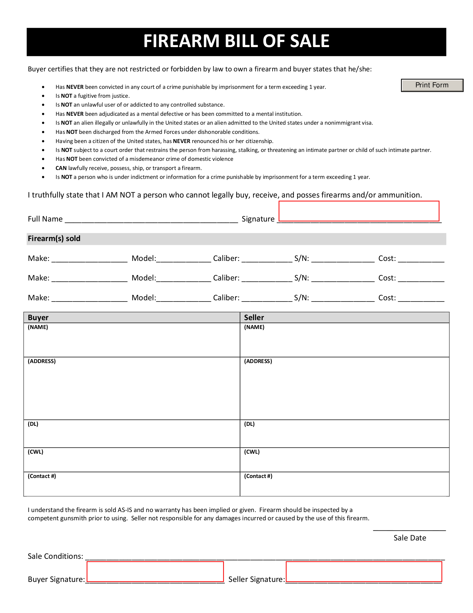 Free Texas Firearm Bill Of Sale Template PDF EForms