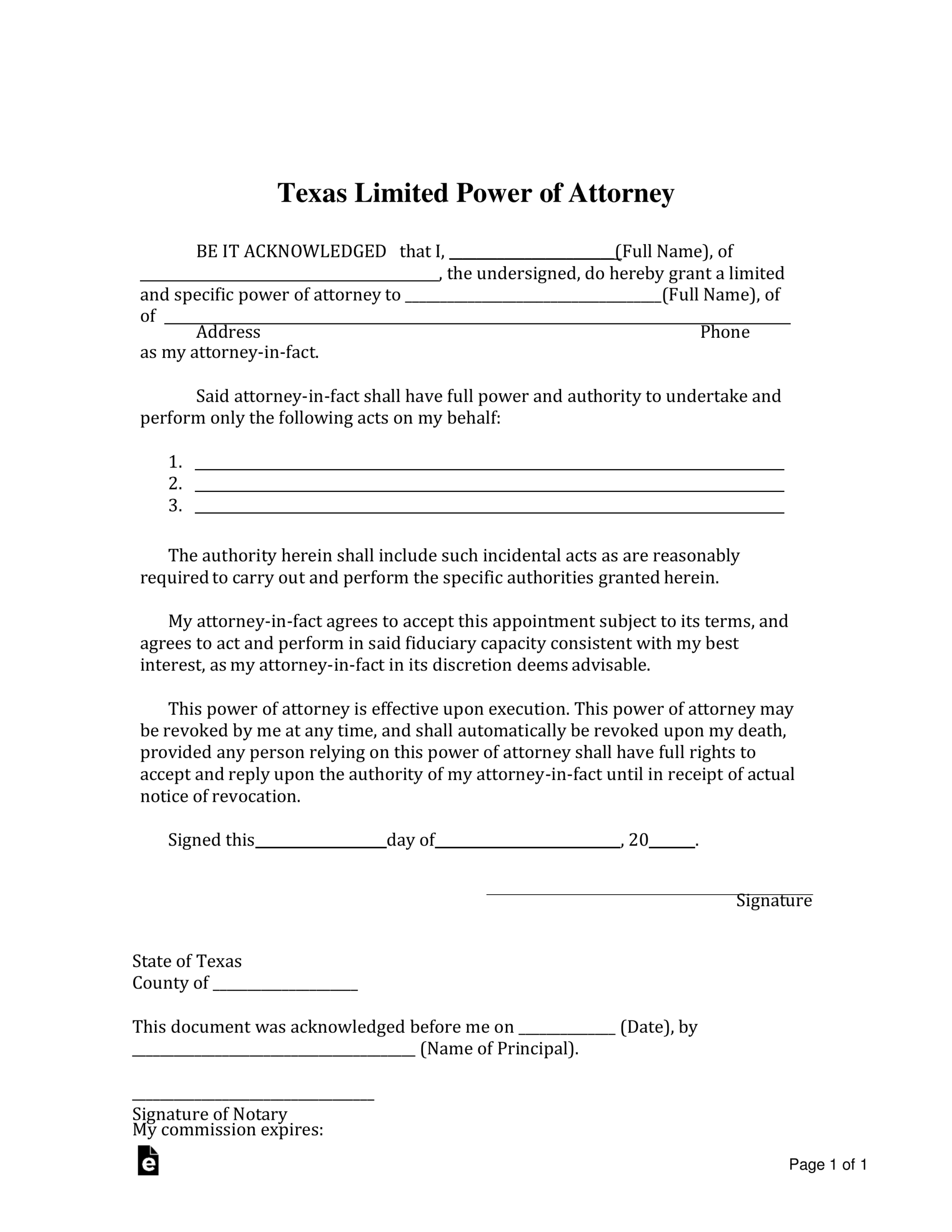 free printable power of attorney form texas