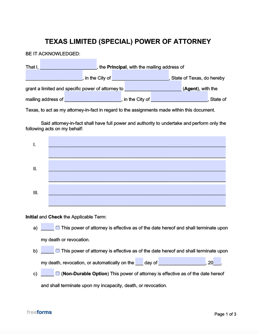Free Texas Limited Special Power Of Attorney Form PDF Word Free Texas Limited Special Power Of Attorney Form PDF Word