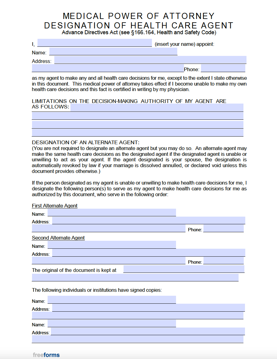 free printable medical power of attorney forms