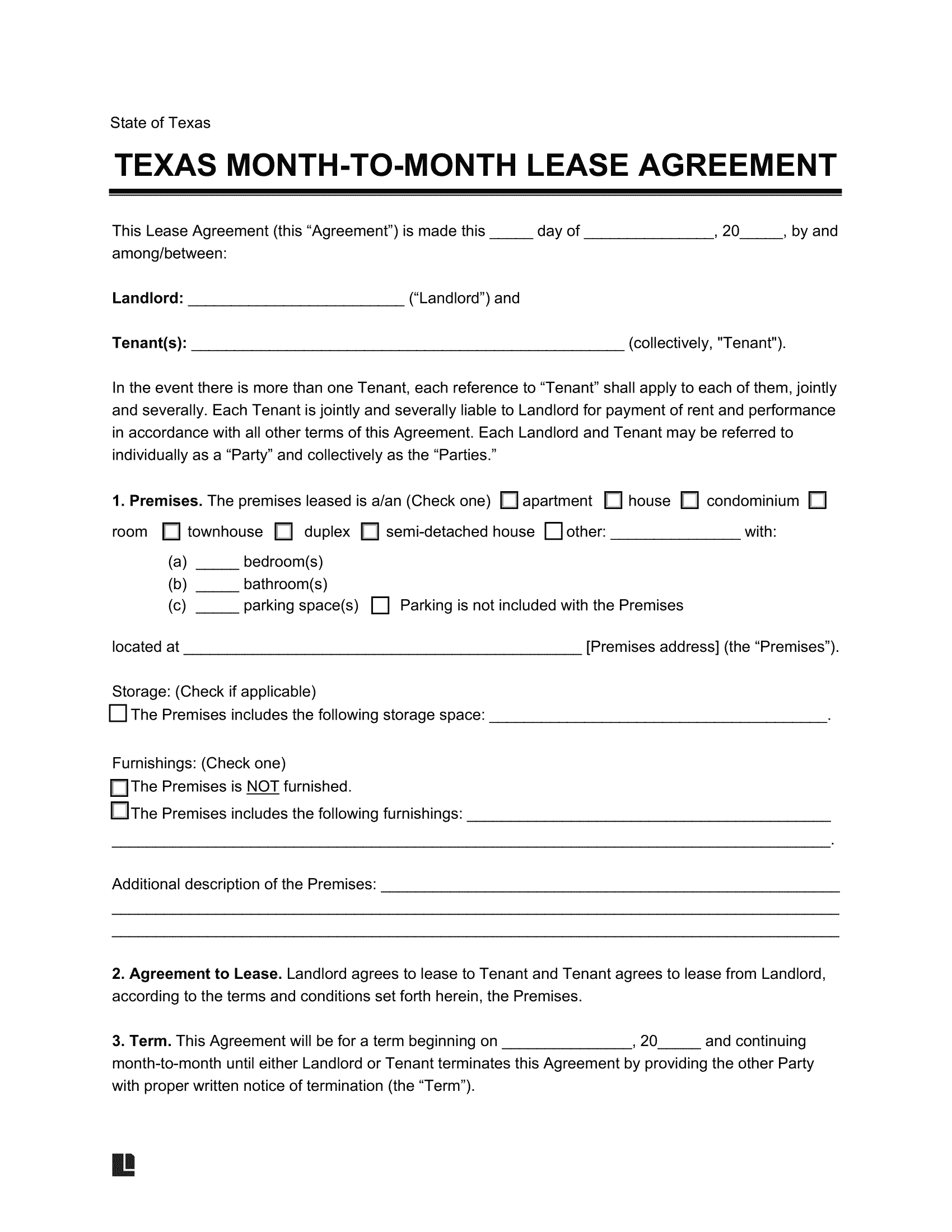 Free Texas Month to Month Rental Agreement PDF Word