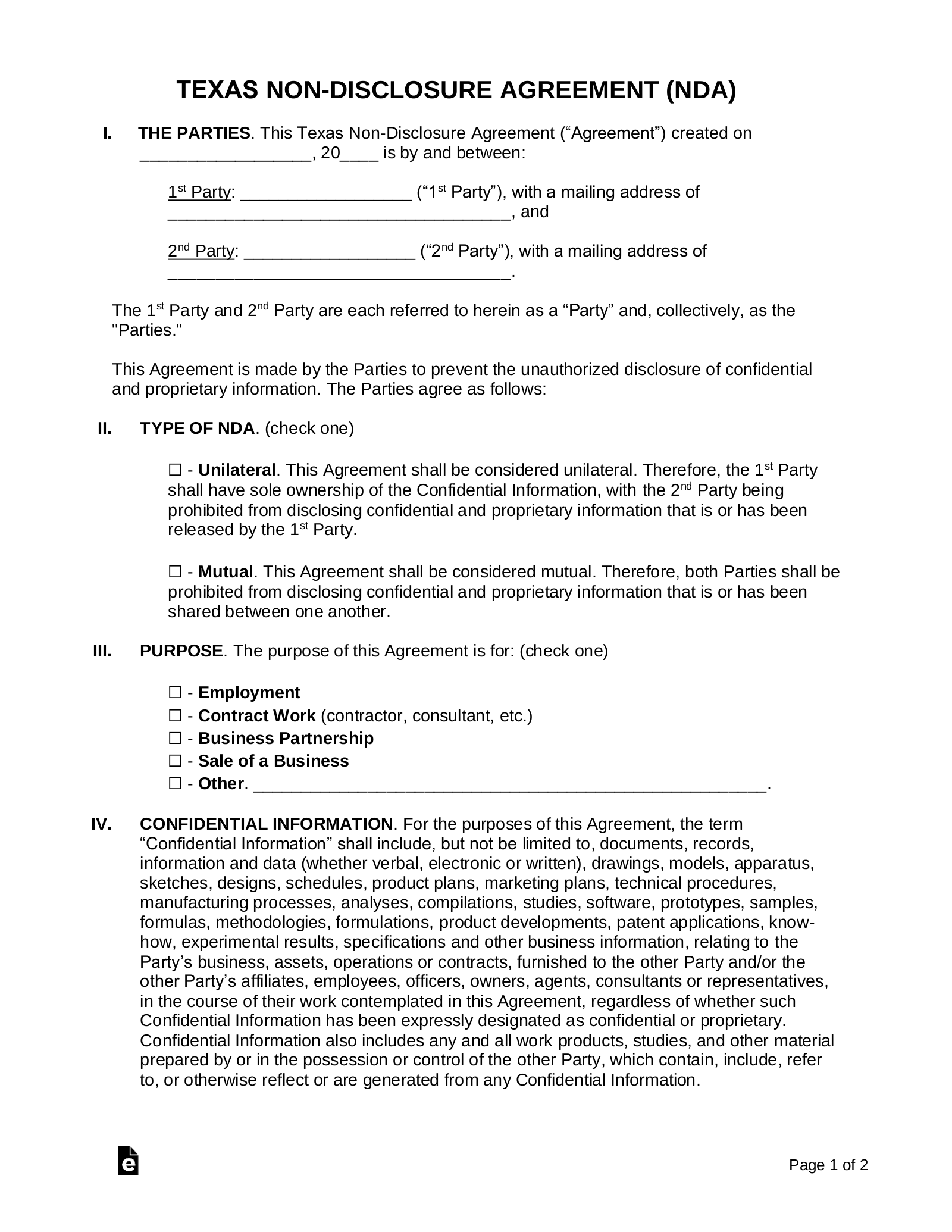 Free Texas Non Disclosure Agreement NDA Template PDF Word EForms