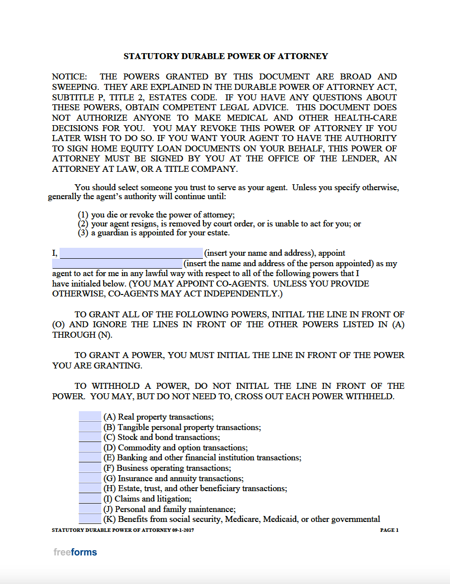 Free Texas Power Of Attorney Forms PDF Word