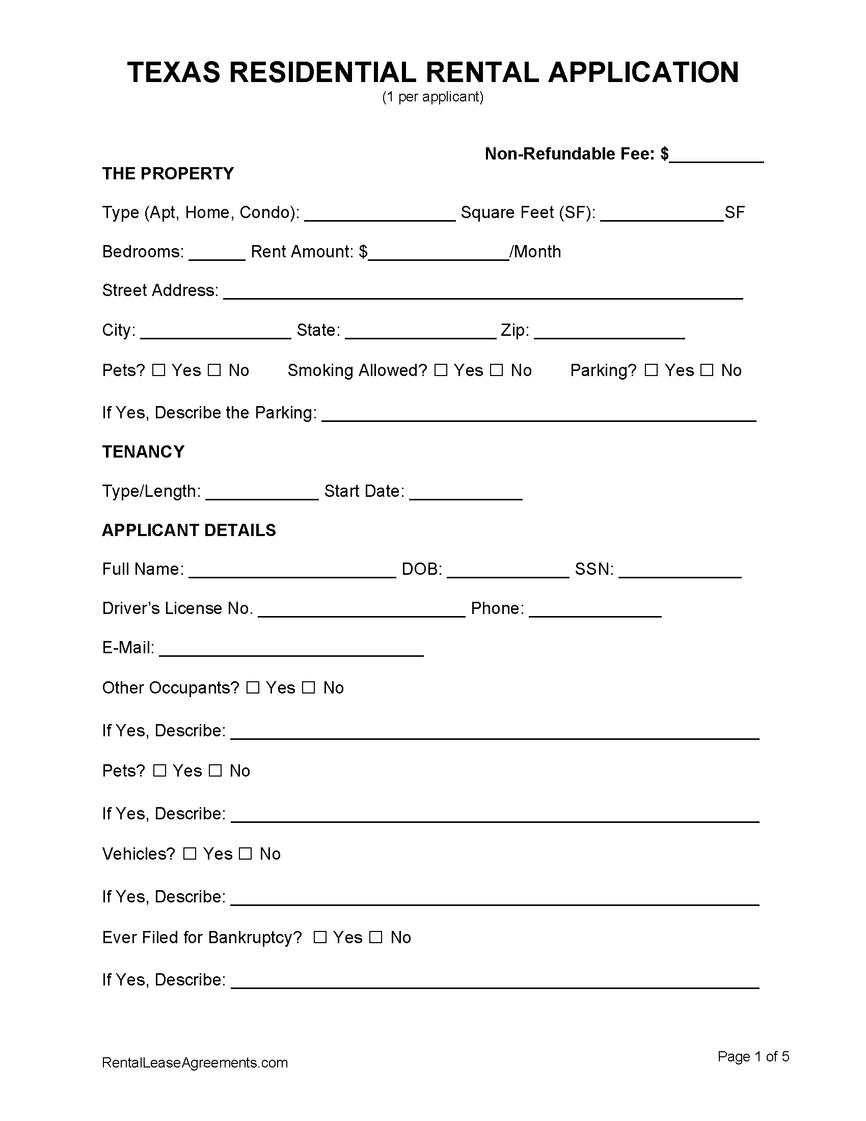 free printable rental application form