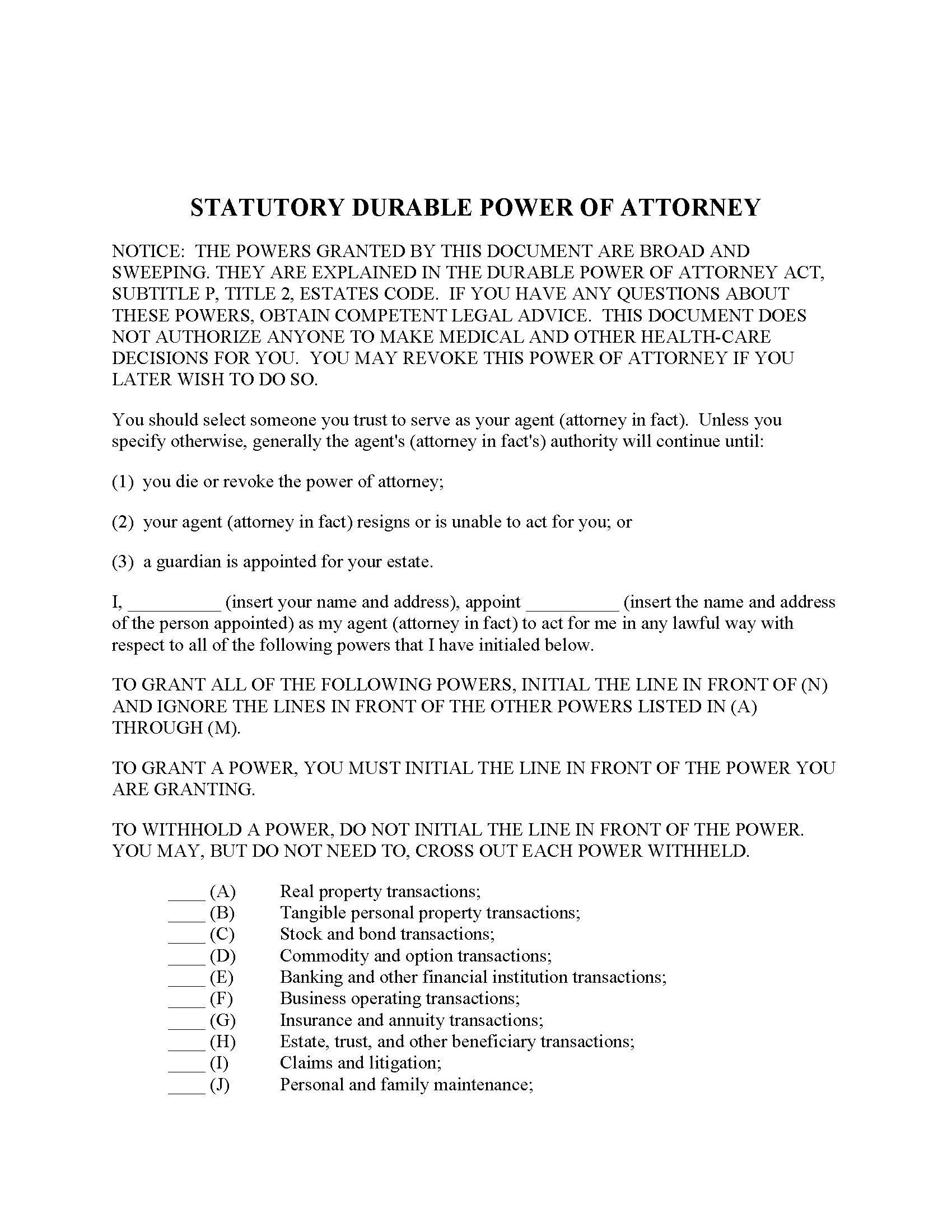 Free Texas Statutory Durable Power Of Attorney Form PDF Free Texas Statutory Durable Power Of Attorney Form PDF