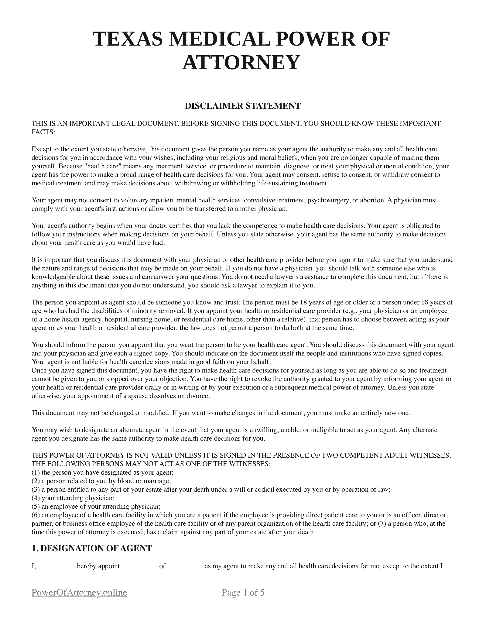 Free Texas TX Medical Power Of Attorney Forms Templates PDF