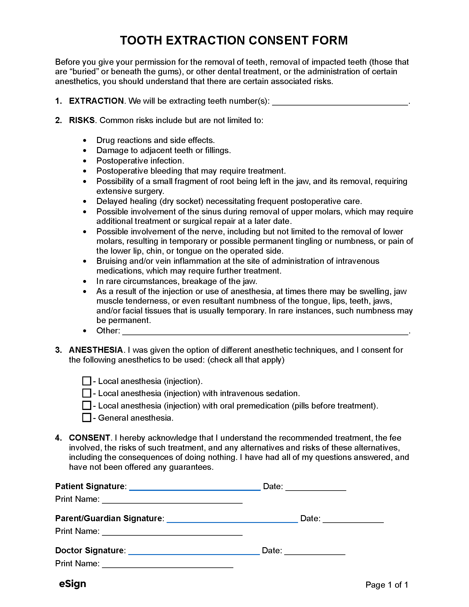 Free Tooth Extraction Removal Consent Form PDF Word