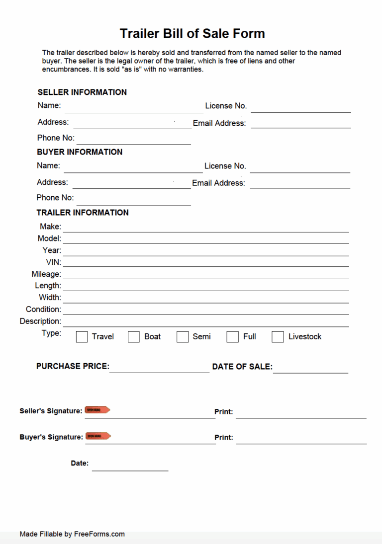 Free Trailer Bill Of Sale Form PDF