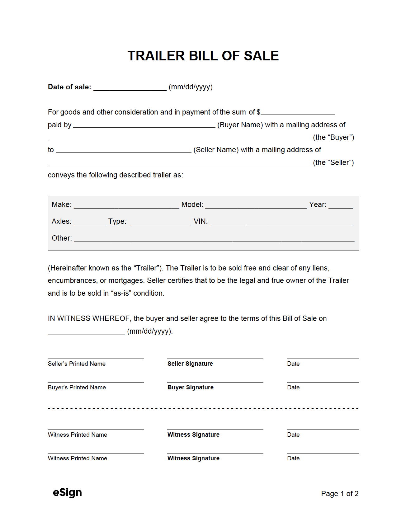 Free Trailer Bill Of Sale Form PDF Word Free Trailer Bill Of Sale Form PDF Word
