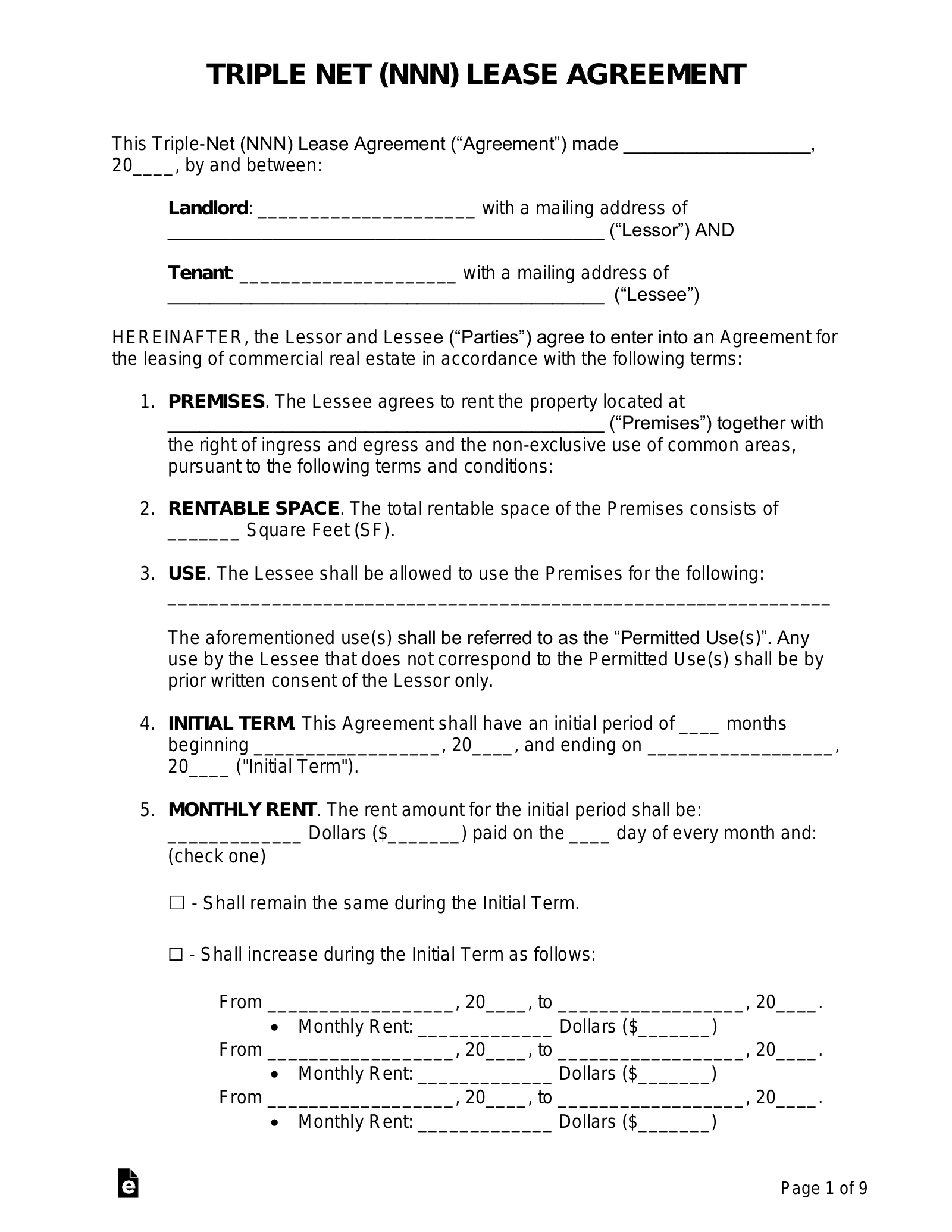 Free Triple Net NNN Lease Agreement For Commercial Property PDF Word EForms