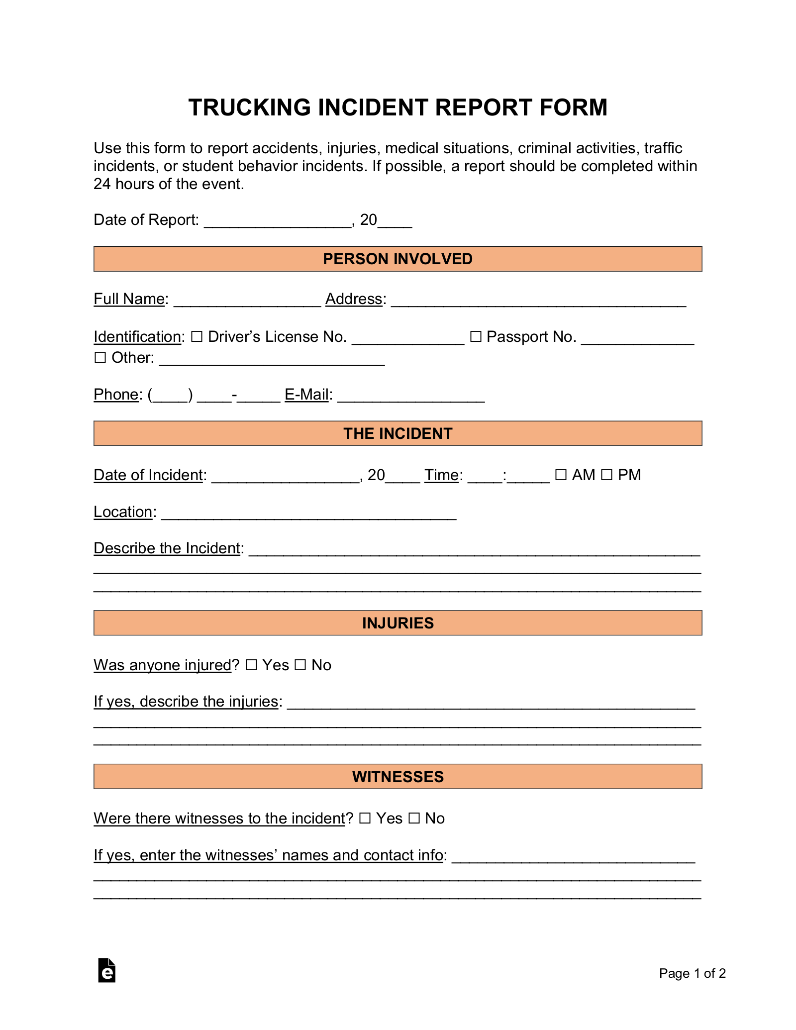 Free Trucking Incident Report Template PDF Word EForms