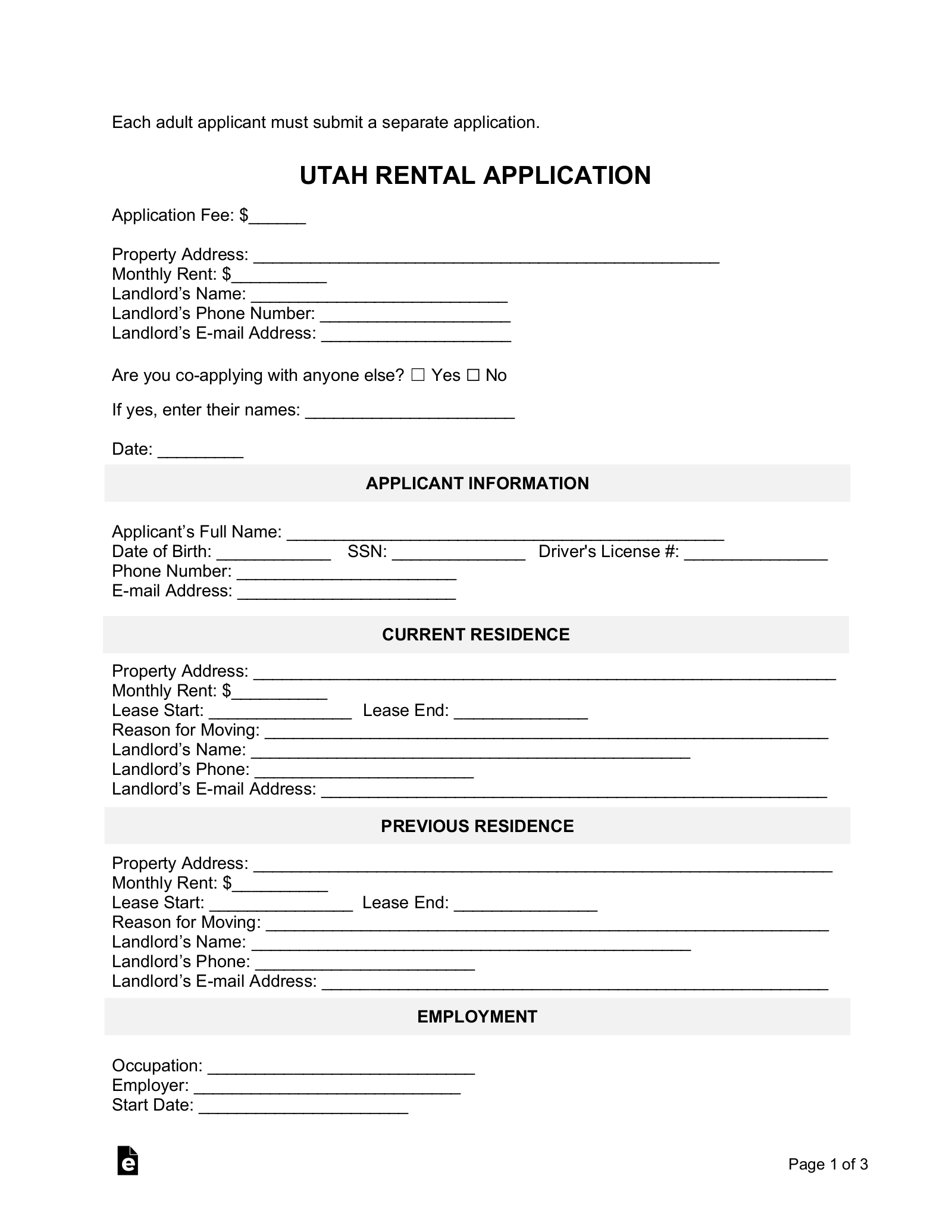 Free Utah Rental Application Template PDF Word EForms Free Utah Rental Application Template PDF Word EForms