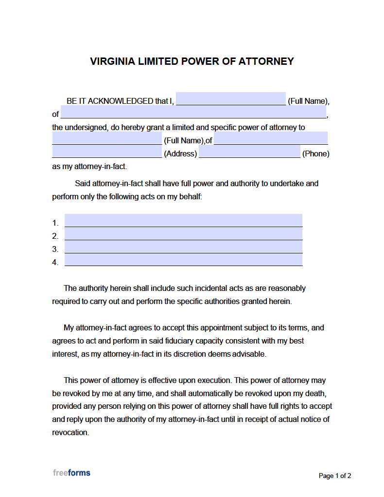 Free Virginia Limited Special Power Of Attorney Form PDF Word