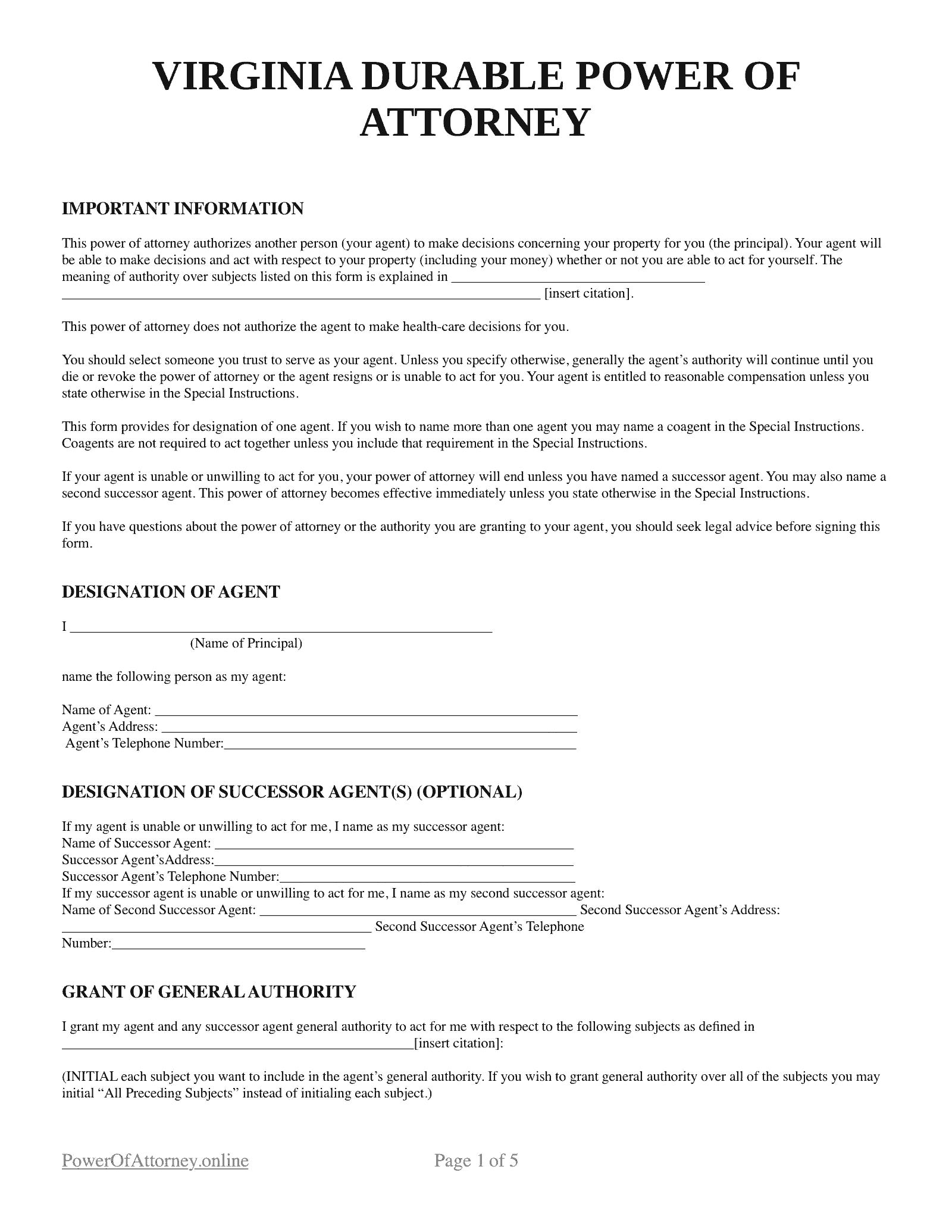 Free Virginia VA Power Of Attorney Forms Templates PDF Free Virginia VA Power Of Attorney Forms Templates PDF