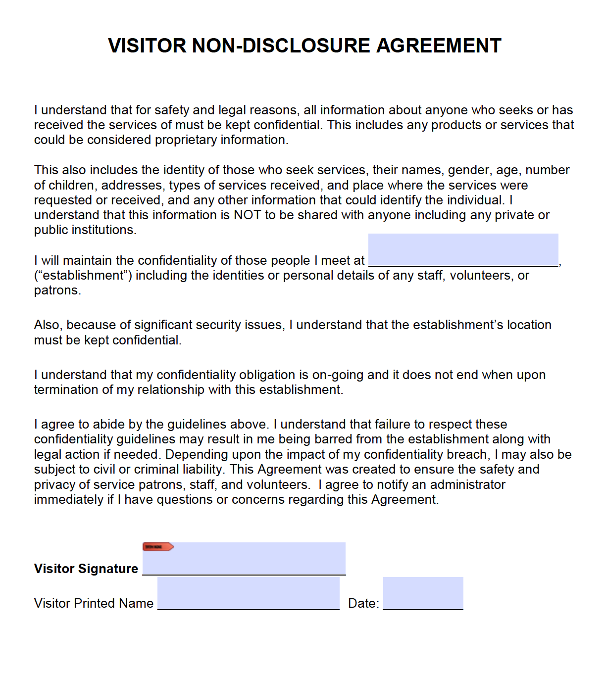 Free Visitor Non Disclosure Agreement NDA PDF Word docx 