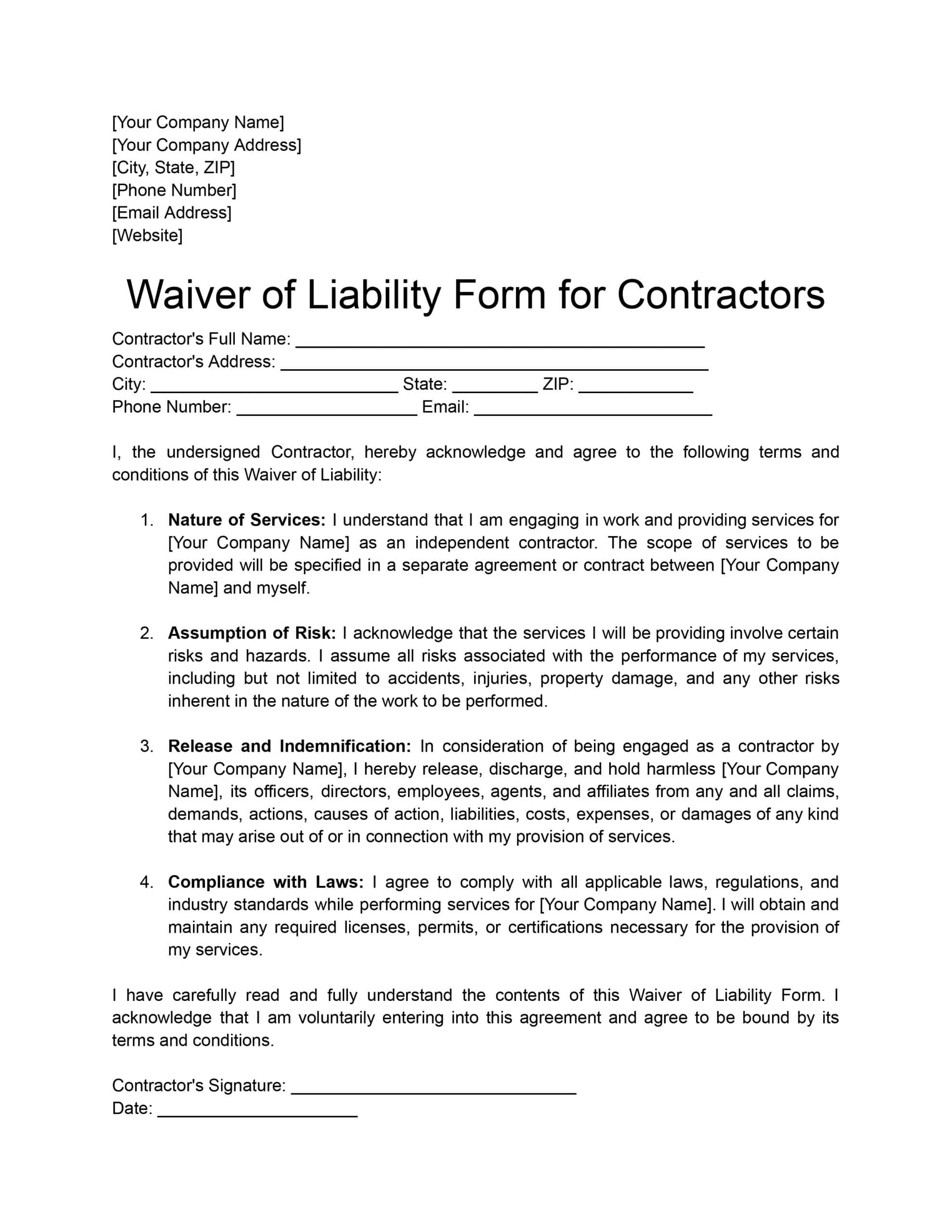 Free Waiver Of Liability Forms For Contractors Download Print In PDF Office GDocs 