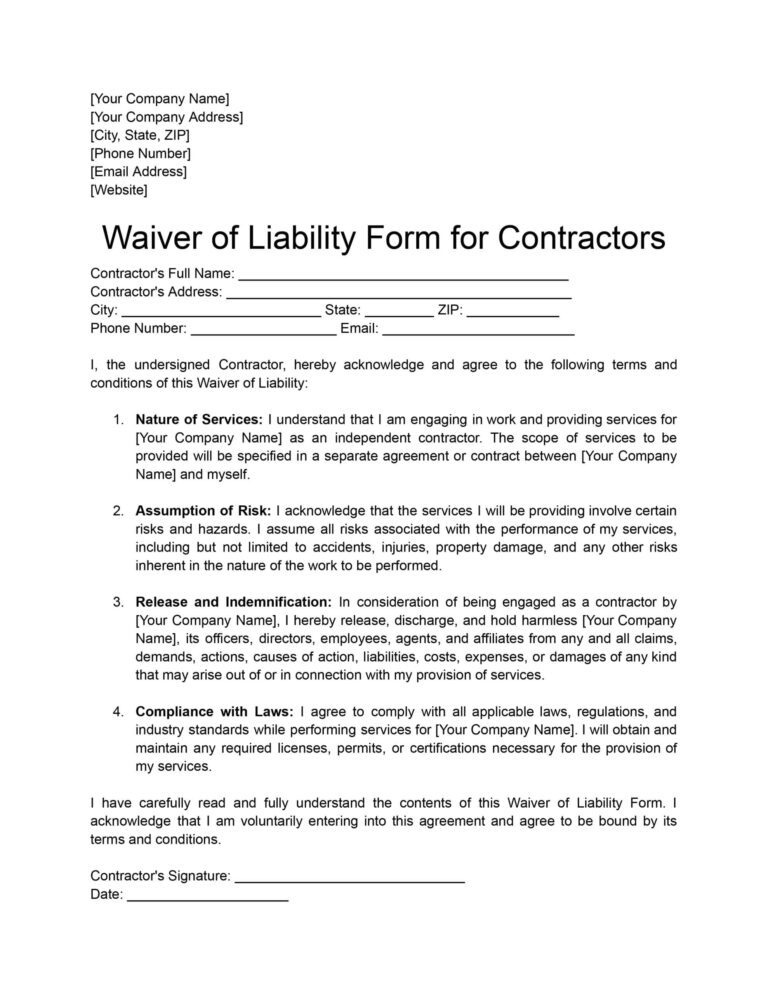 Free Waiver Of Liability Forms For Contractors Download Print In PDF Office GDocs 