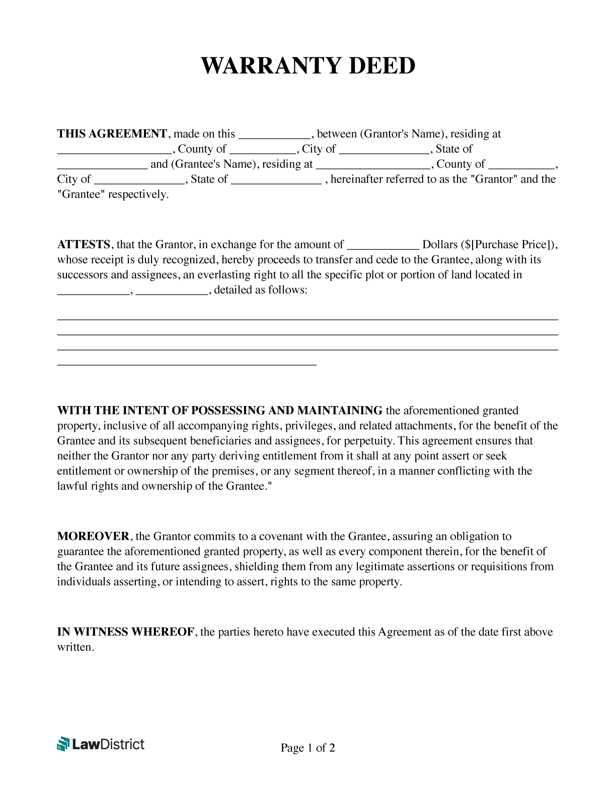 Free Warranty Deed Special And General Form LawDistrict Free Warranty Deed Special And General Form LawDistrict