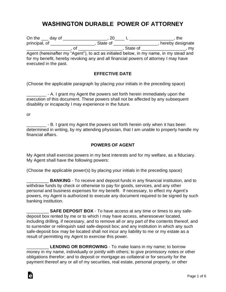 Free Washington Durable Financial Power Of Attorney Form PDF Word EForms