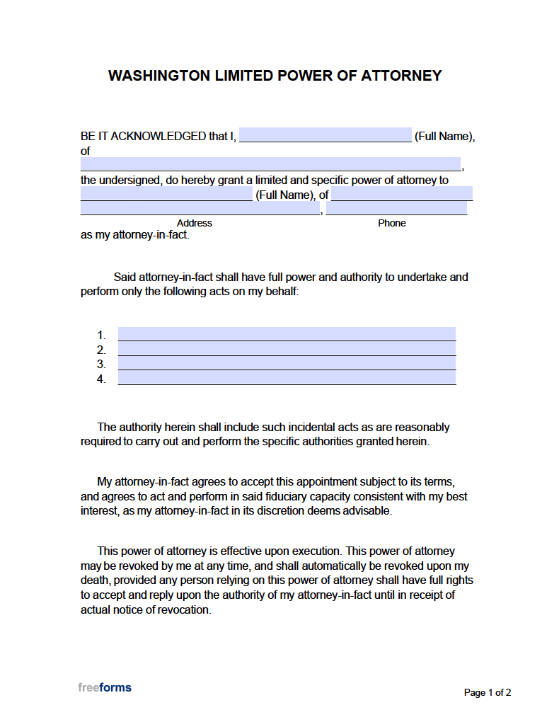 Free Washington Limited Special Power Of Attorney Form PDF Word