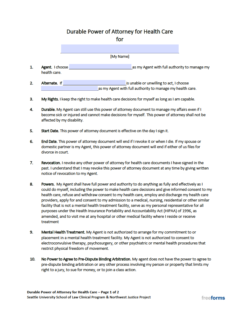 Free Washington Medical Power Of Attorney Form PDF