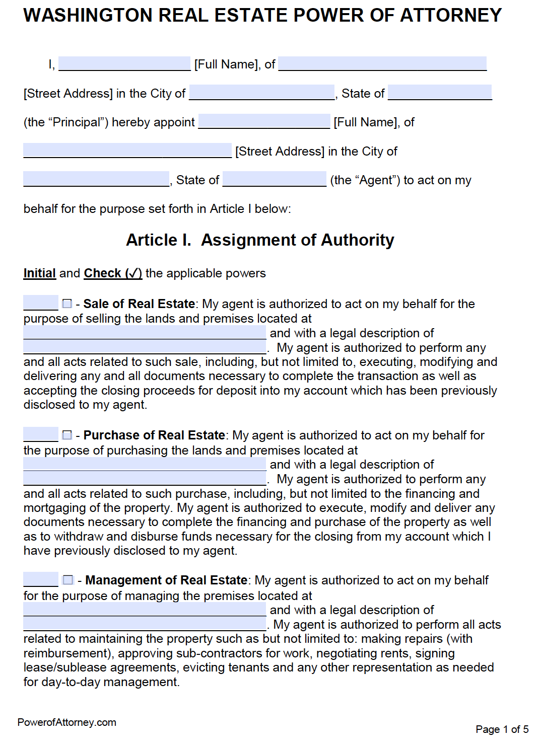 Free Washington Power Of Attorney Forms PDF Templates