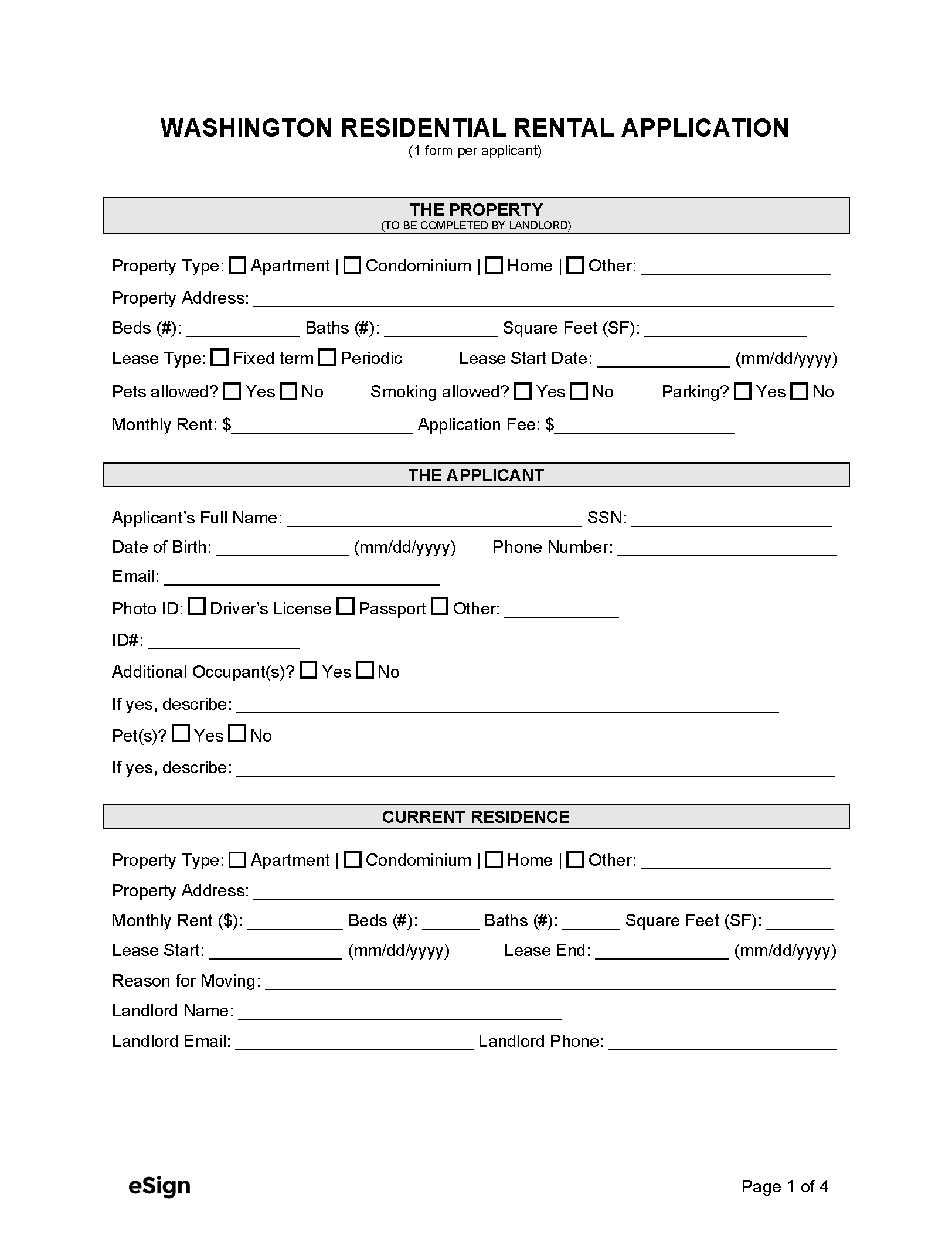Free Washington Rental Application Form Template PDF Word