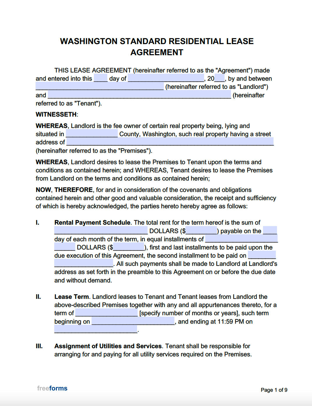 Free Washington Standard Residential Lease Agreement Template PDF Word