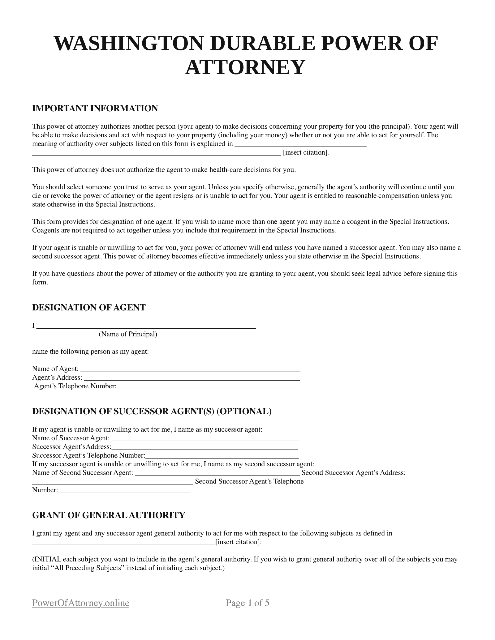 Free Washington WA Durable Power Of Attorney Forms Templates PDF Free Washington WA Durable Power Of Attorney Forms Templates PDF