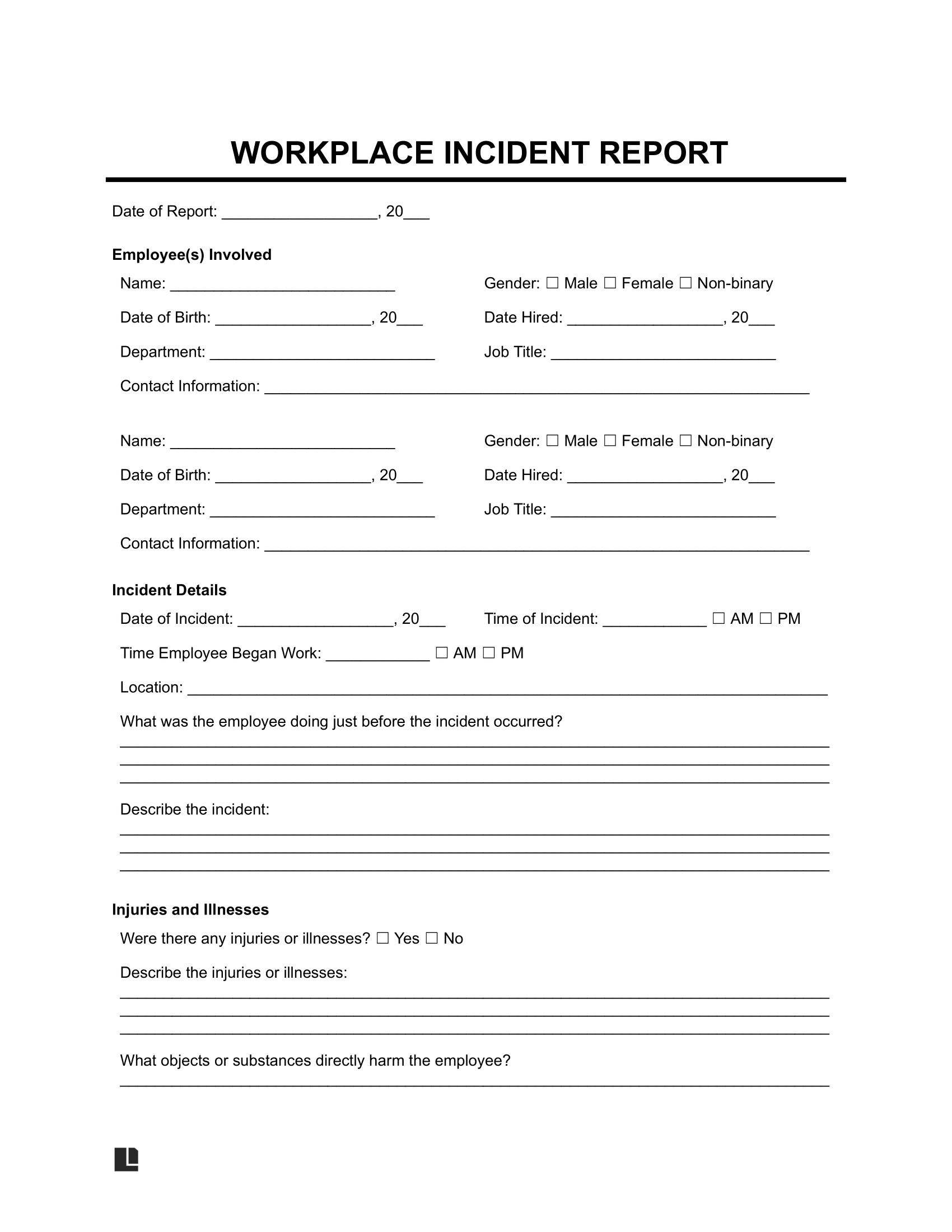 Free Workplace Incident Report Template PDF Word
