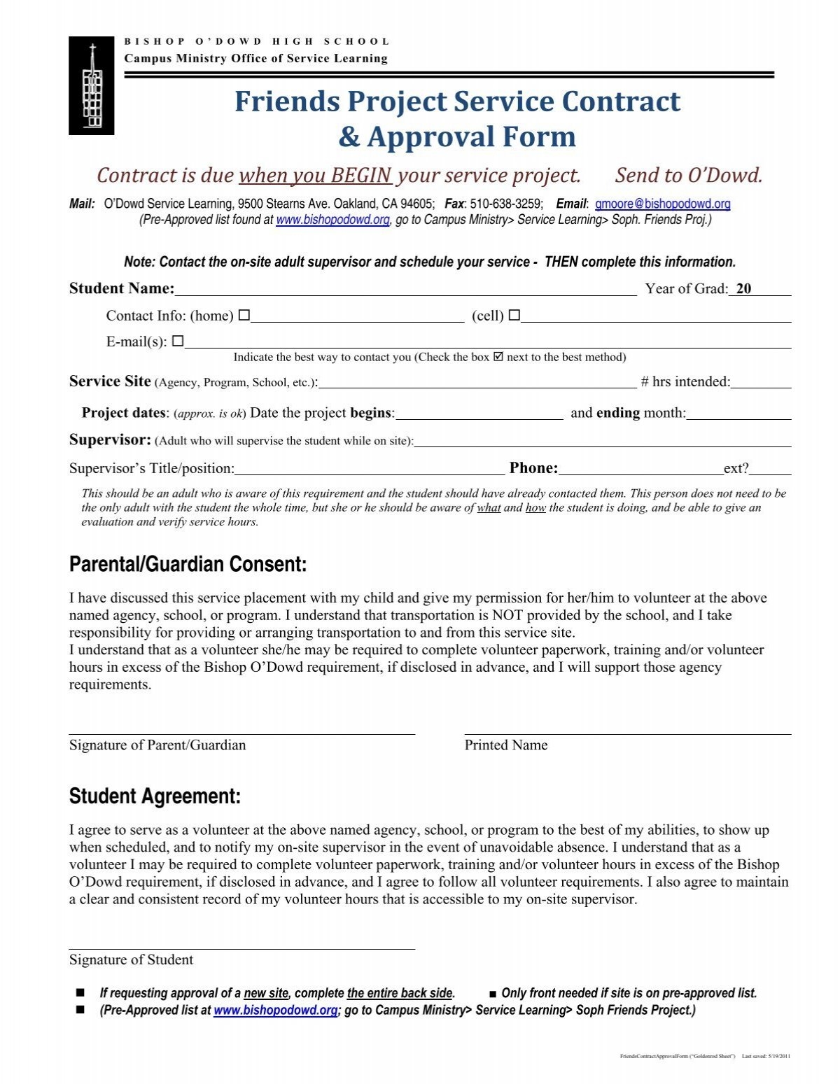 Friends Project Service Contract Approval Form Bishop O Dowd 